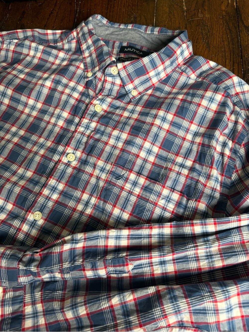Nautica Men's‎ Red, White & Blue Plaid Button-Down Shirt 2XL